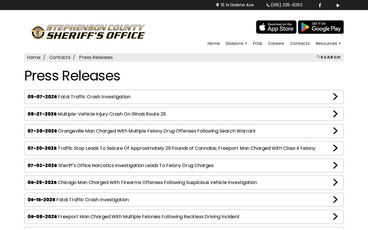 Stephenson County Sheriff press releases page with selected official announcements