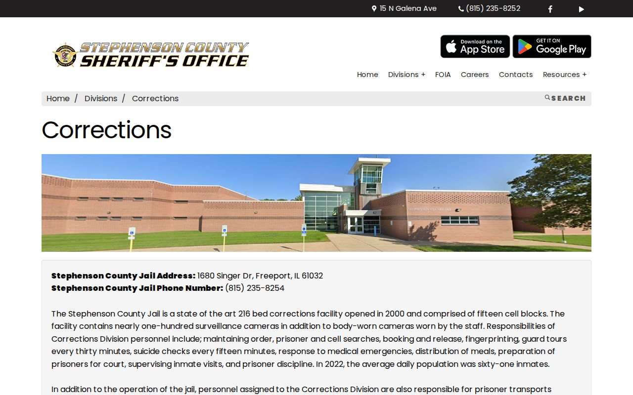 Stephenson County Sheriff Corrections page describing the county jail and inmate-search access