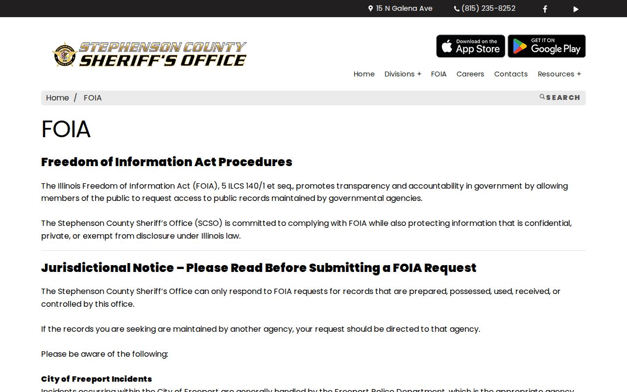 Stephenson County Sheriff FOIA request information page