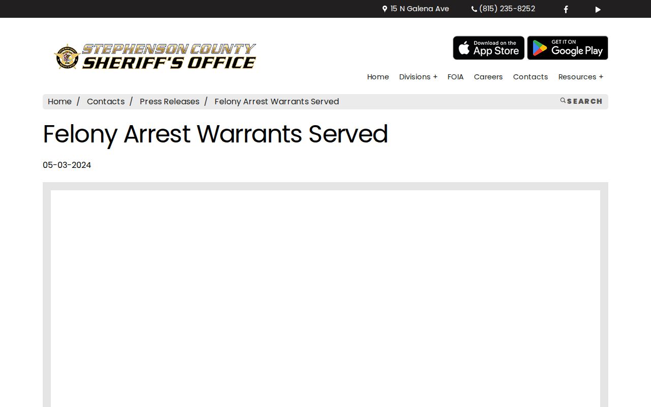 Stephenson County Sheriff felony arrest warrants served release