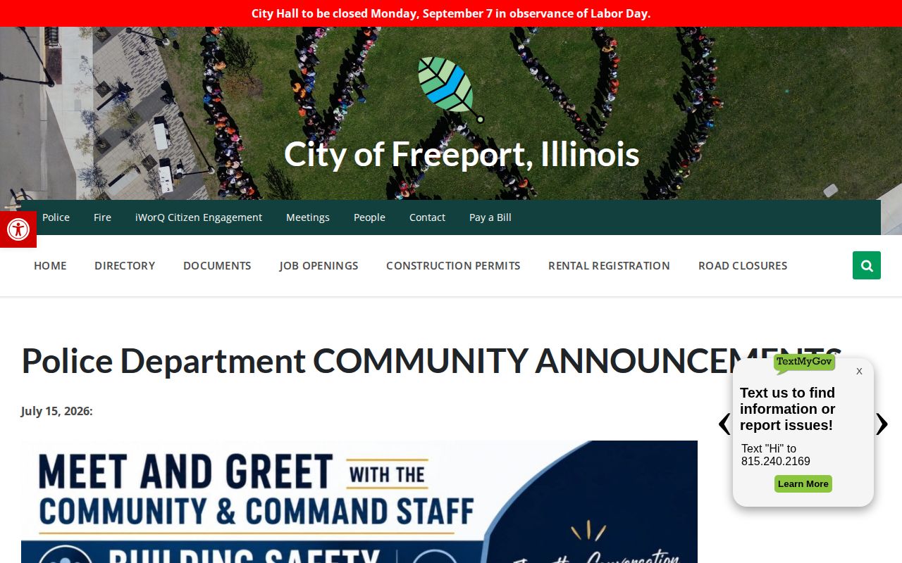 Freeport Police community announcements page used to distinguish notices from an arrest blotter